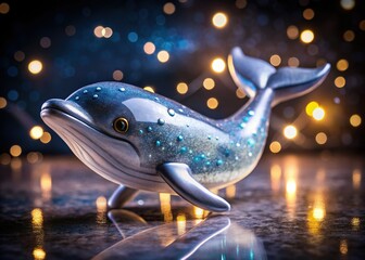 Adorable Gray Whale Figurine, Night Photography, Isolated on Transparent Background