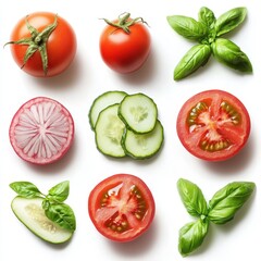 A vibrant close-up showcasing an assortment of sliced vegetables arranged neatly on a clean white surface.