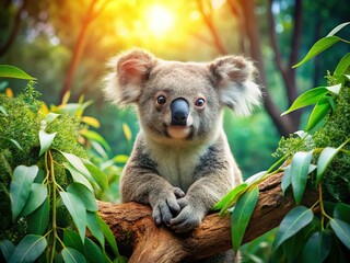 Fototapeta premium Adorable Koala Relaxing in Eucalyptus Tree, Australian Outback Landscape