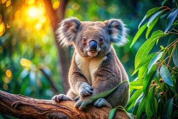 Fototapeta premium Adorable Koala Bear Relaxing on Eucalyptus Branch, High-Resolution Stock Photo