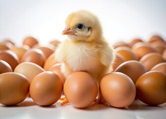 Adorable Newly Hatched Chick Among Brown Eggs -  Stock Photo with Copy Space