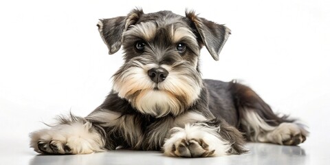 Adorable Miniature Schnauzer Puppy Lying Down, Isolated on White Background