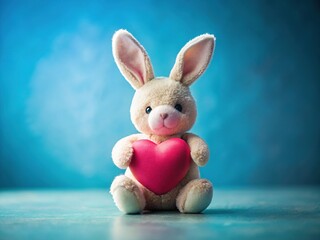 Obraz premium Adorable Toy Bunny with Pink Heart - Blue Background Stock Photo