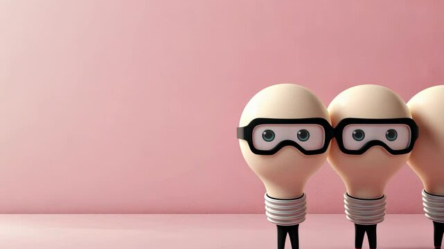 Cute cartoon light bulb characters wearing glasses in a pastel pink background