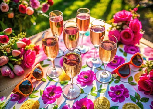 Aerial View: Bachelorette Party Celebration with Pink Champagne & Sunglasses