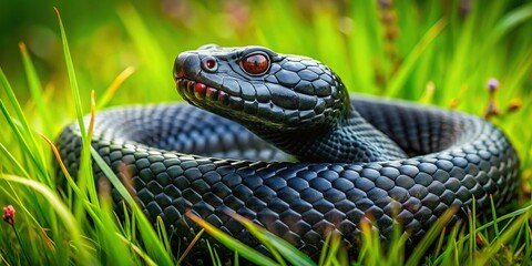 Obraz premium Aerial View of Venomous Black Viper in Lush Green Grass