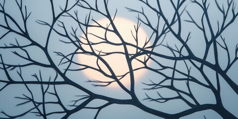 Sketch baobab tree concept. Silhouette of bare branches against a glowing moonlit background.