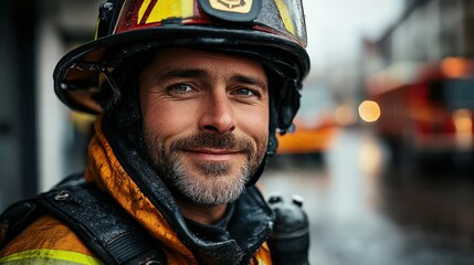 A portrait of a firefighter smiling in uniform.
