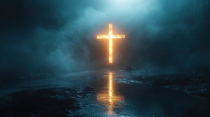 Fototapeta premium A simple cross illuminated by soft light on a dark background with space for design or message