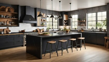Modern kitchen with dark cabinets, wooden accents, and a spacious island