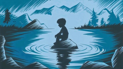 Boy Silhouette on Rock Surrounded by Water, Visual Metaphor of Childhood Anxiety with Nature Scene, Silhouette of Boy in Calm Water with Mountains and Trees