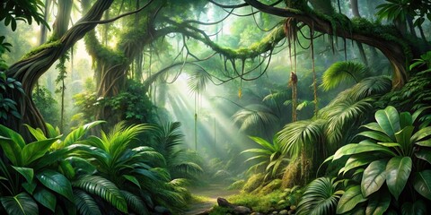 Obraz premium Lush Jungle Path Sunbeams Illuminate a Verdant Tropical Paradise with Towering Trees and Vibrant Foliage