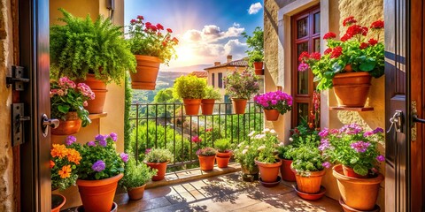 Fototapeta premium Balcony Doorway with Colorful Flower Pots - Spring Garden Apartment View