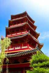 Close-up view of a meticulously crafted roof structure, likely part of an Asian pagoda or temple.
