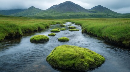 Tranquil river flows through a lush green meadow with moss covered rocks and rolling hills in the background under an overcast sky