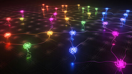 Obraz premium A visually intricate chord diagram with glowing arcs linking vibrant nodes, displayed on a minimalist dark grid background—ideal for representing complex relationships in data science and tech