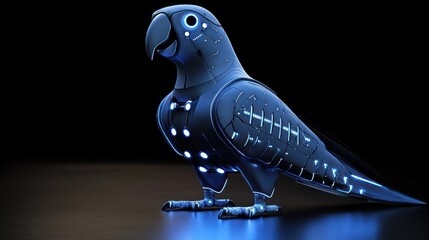 Robotic parrot, glowing blue, dark background, futuristic concept