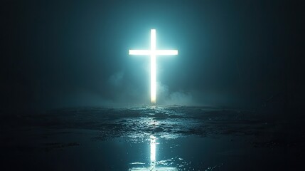 Naklejka premium A simple glowing cross made of light in a dark setting with ample space for text or design