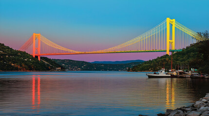 Fototapeta premium Illuminated tappan zee bridge at sunset hudson river scenic landscape tranquil environment panoramic view architectural marvel