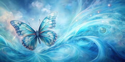 Obraz premium Celestial Serene Butterfly Soaring Through Ethereal Azure Waves of Light and Stardust