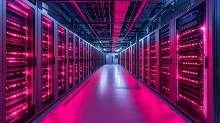 Fototapeta premium Futuristic Data Center Corridor Illuminated with Neon Lights, Featuring Rows of Servers and Modern Technology in a High-Tech Environment