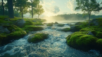 Luminous Dawn over a Serene River with Mossy Rocks and Lush Green Trees, a Breathtaking Natural Scene