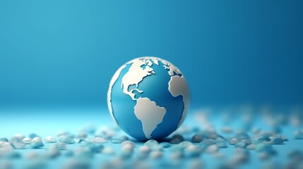 A stylized blue globe rests on light blue pebbles