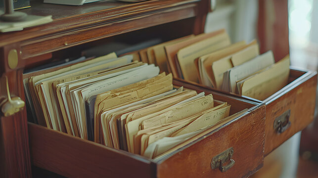 Organized archive of historical documents vintage office image collection cozy workspace close-up view nostalgia and heritage