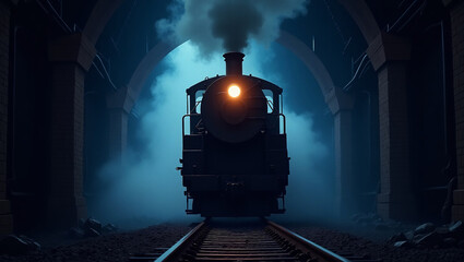 Mystic Steam Train: A vintage steam locomotive emerges from a dark tunnel, its headlight piercing the smoky atmosphere. The scene evokes a sense of mystery and adventure.