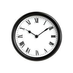 Black wall clock with Roman numerals, white isolate background