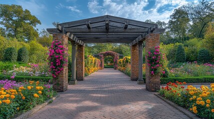 Fototapeta premium Enchanting Garden Pathway with Blooming Roses and Wooden Arches Under a Blue Sky
