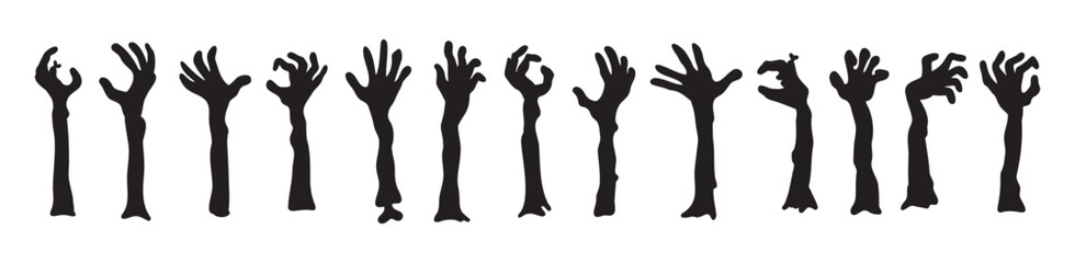 Fototapeta premium Zombie hands silhouettes. Halloween decor. Set doodle zombie hand