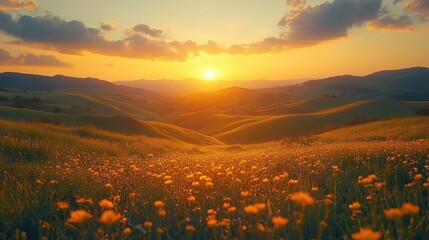 Fototapeta premium A sunset view of rolling hills dotted with vineyards.