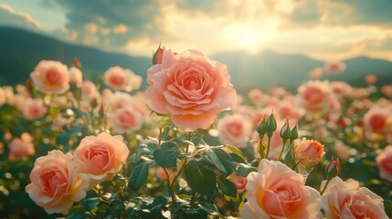 Obraz premium A breathtaking field of peach roses gently illuminated by a warm golden sunset in the background creating a dreamy and romantic atmosphere