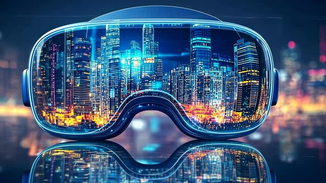 Reflective goggles showcase a vibrant city skyline illuminated at night in a futuristic setting