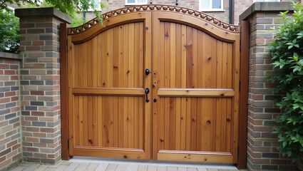 Vintage wooden door with antique design on a rustic building wall