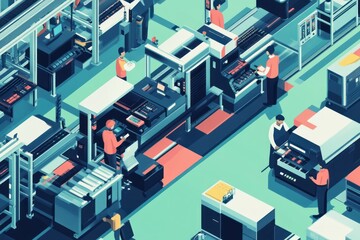 Obraz premium A Busy Day at the Modern Factory: Isometric Illustration of Industrial Production Line