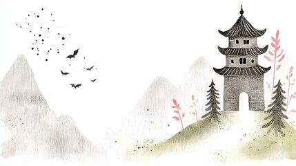 Fototapeta premium Majestic mountain landscape with traditional chinese temple rooftops serene nature scene high-resolution art