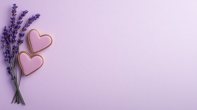 Valentiens day background, wedding background, love background, bouquet of lavender blooms rests beside two heart-shaped cookies, creating a romantic and elegant scene on a soft purple background.