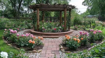 A serene rose garden with a wooden pergola in the center, surrounded by vibrant blooming flowers creating a tranquil outdoor escape