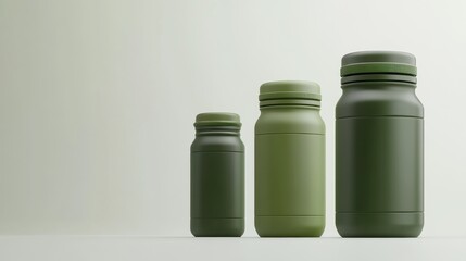 Three Green Olive Jars Mockup on White Background