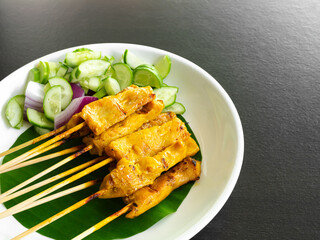 Satay pork bbq grilled food thai asian, grill pork barbecue spicy tasty restaurant cooked.
