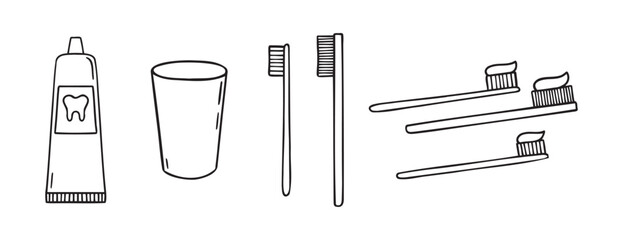 Toothpaste, toothbrush, dental cleaning equipment doodle hand drawn icon. Outline drawing toothpaste, toothbrush, line clipart symbol