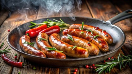 Juicy sausages sizzling in a hot pan with aromatic flavors releasing steam and savory aromas, creating a mouthwatering scene for food photography , culinary, pan cooking