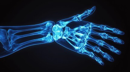 Glowing blue human hand and wrist bones x-ray.
