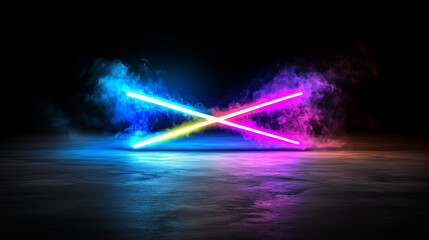 Abstract neon light reflections on dark backgrounds, ideal for creative design projects, futuristic digital art, and modern visuals with room for text and artistic flair. 