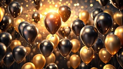 A Celebration of Elegance Shimmering Gold and Dark Balloons Ascending Amidst a Sparkling Atmosphere