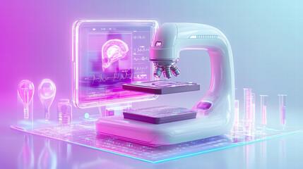 futuristic medical laboratory featuring advanced microscope, digital screen, and AI driven equipment. vibrant colors and high tech design evoke sense of innovation and discovery
