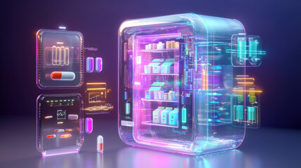 futuristic pharmacy featuring AI powered, cloud computing system with vibrant neon colors. design showcases digital medication storage and advanced health monitoring