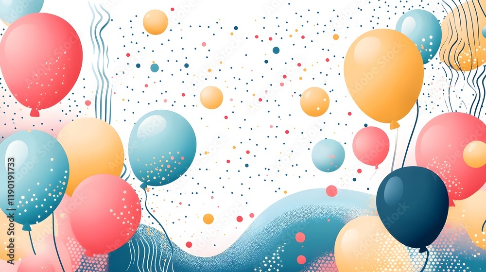 Poster elegant floating party balloons with soft gradients and cheerful whimsical patterns in a fun dynamic